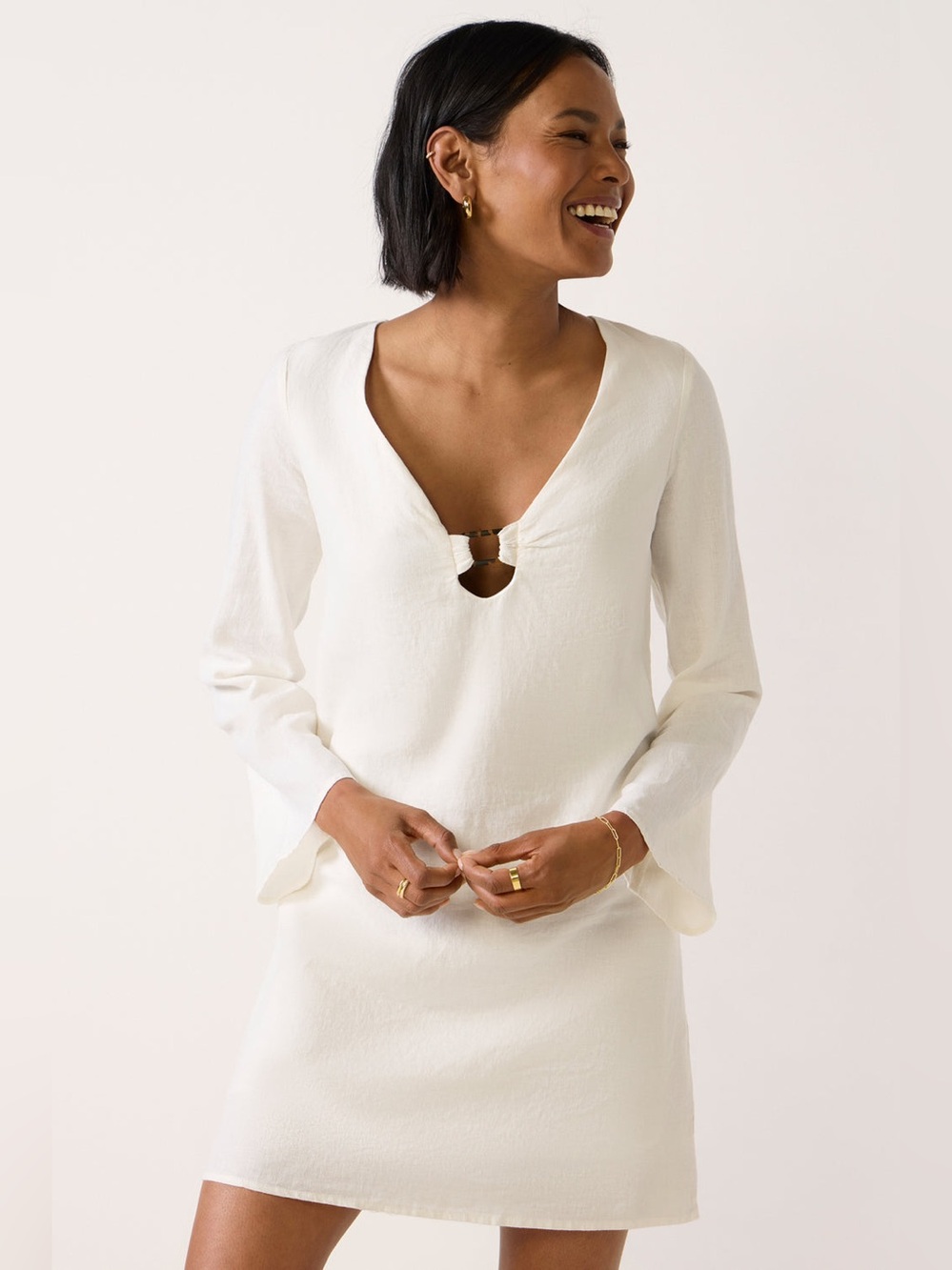 Z SUPPLY Echo Linen Blend V Neck Mini Dress White NWOT